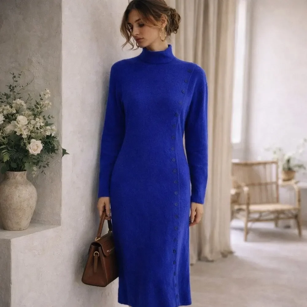 True Vintage Rabbit Hair and Lambswool Luxury Old Money Asymmetric Button Dress - Picture 1 of 16